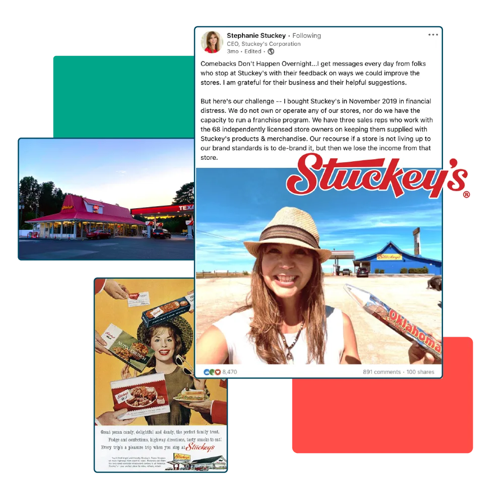 a collage consisting of a photo of a Stuckey's store, a pictures of a facebook post about Stuckey's and a photo of an old Stuckey's ad. 