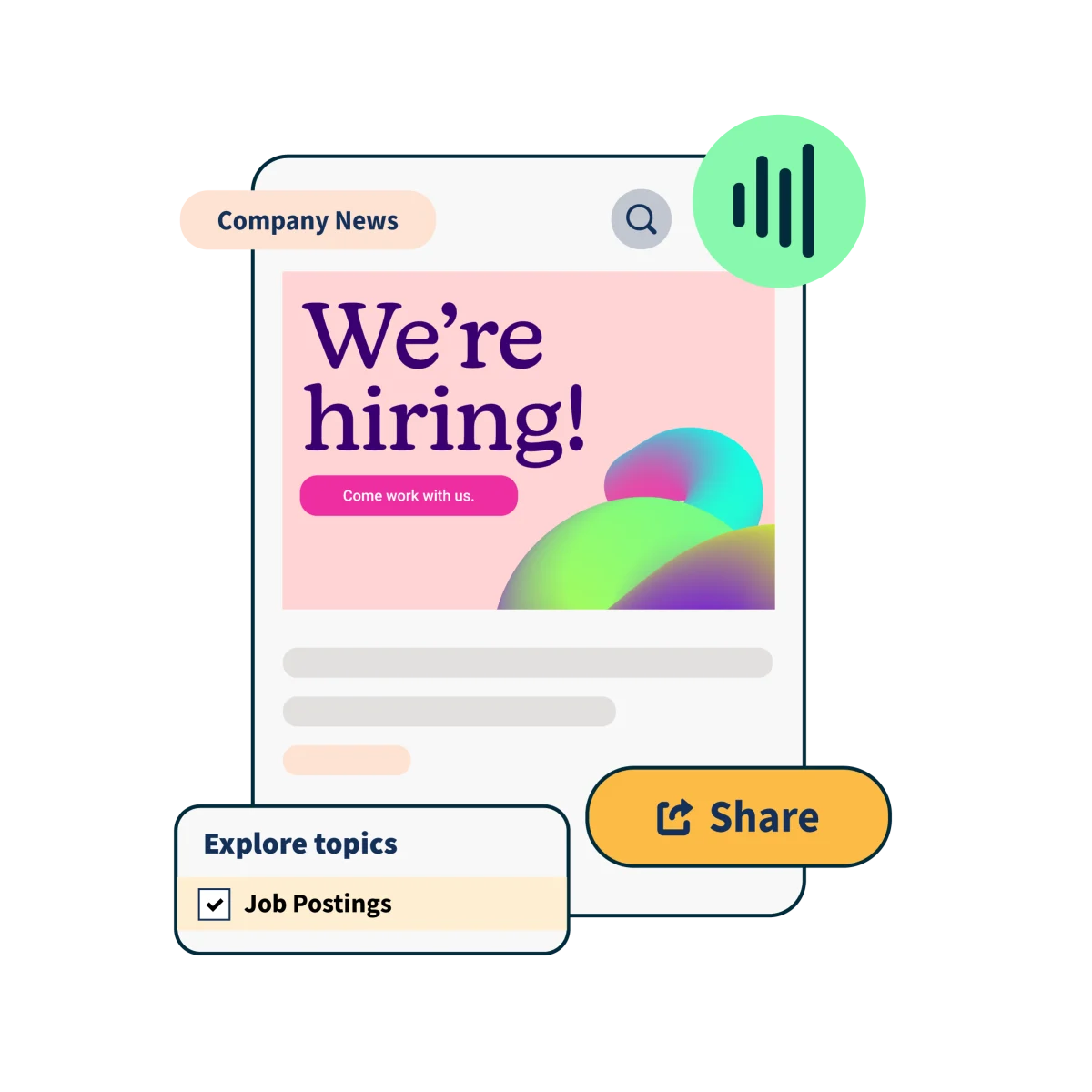 Social media post that reads "we're hiring" with share button