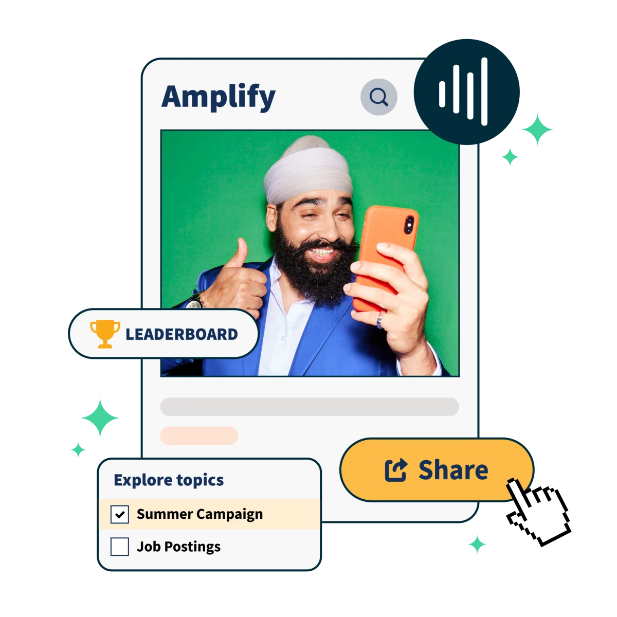 Man looking at phone giving thumbs up with Amplify dashboard