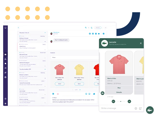 Graphic showing the Heyday interface with a screenshot of Lacoste using Heyday chatbot to recommend men's polo shirts