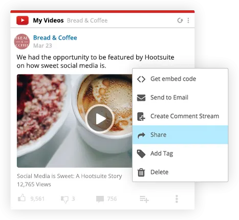 Screenshot of sharing a YouTube video from a context menu within Hootsuite