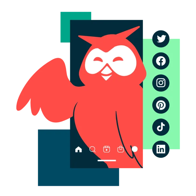 Hootsuite's owl, Owly, with social icons and green and blue squares around them